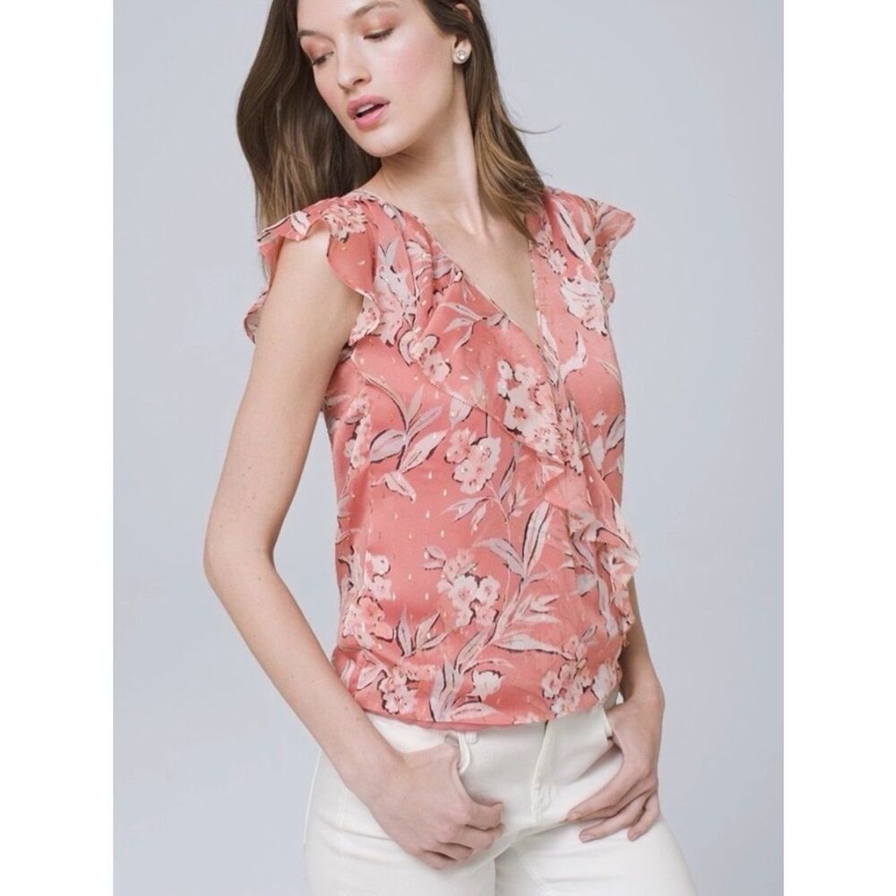 White House Black Market Pink Faux Wrap Chiffon Mettalic Flutter Sleeve top 8